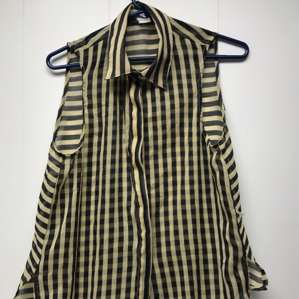 Pinstriped cream and white sleeveless button down